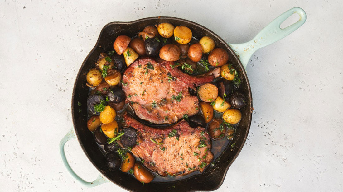 One-Pan Smoked Mustard-Garlicky Pork Chops & Potatoes