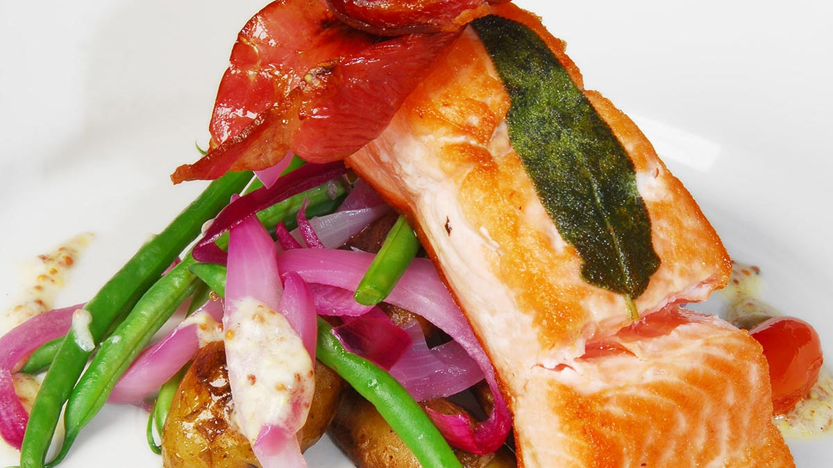 Roasted Salmon with Prosciutto & Grainy Mustard Butter Sauce