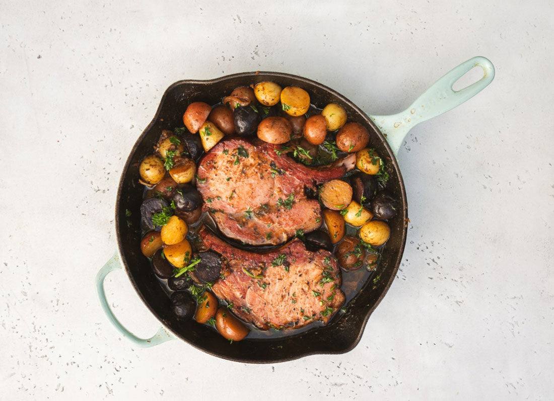 One-Pan Smoked Mustard-Garlicky Pork Chops & Potatoes