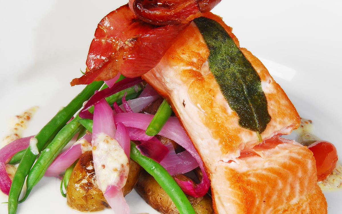Roasted Salmon with Prosciutto & Grainy Mustard Butter Sauce